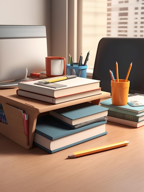 A detailed 3D rendering of a student desk with a stack of textbooks and a pencil holder