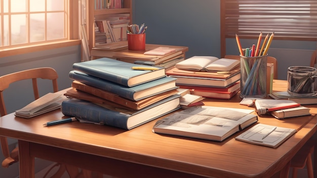 A detailed 3D rendering of a student desk with a stack of textbooks and a pencil holder