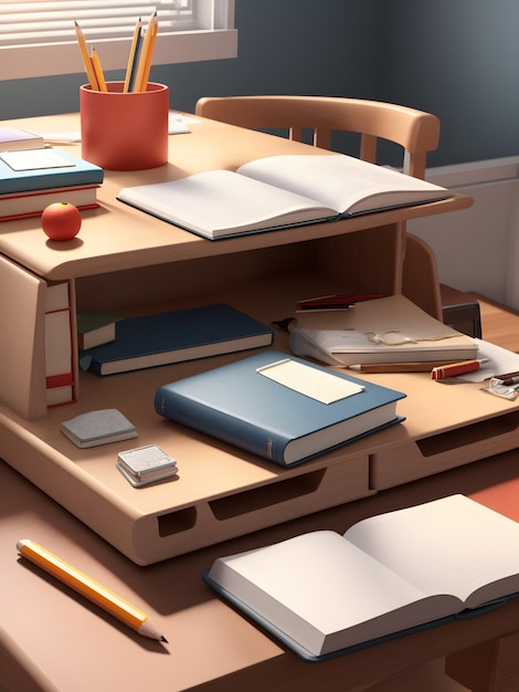 A detailed 3D rendering of a student desk with a stack of textbooks and a pencil holder