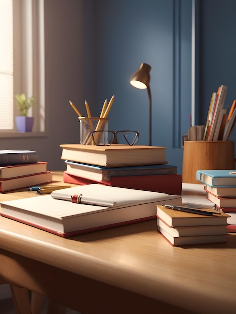 A detailed 3D rendering of a student desk with a stack of textbooks and a pencil holder