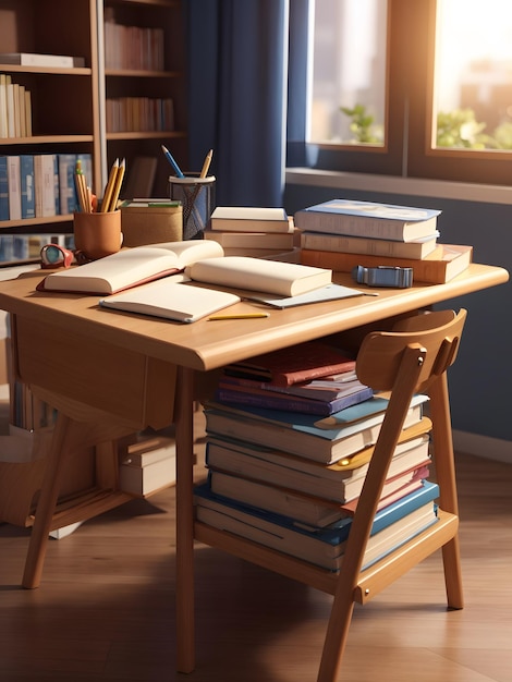 A detailed 3D rendering of a student desk with a stack of textbooks and a pencil holder