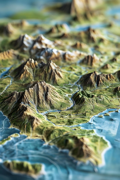 Photo detailed 3d topographic map depicting mountain ranges forests and waterways in coastal region