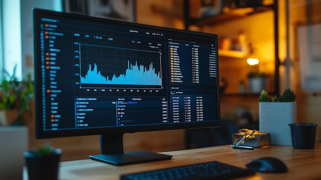 Photo detailed analytics dashboard displayed on a computer screen in a cozy office workspace at dusk