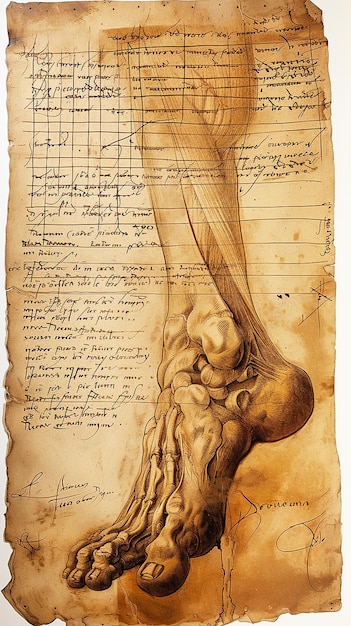 Photo a detailed anatomical drawing of a human foot on aged parchment