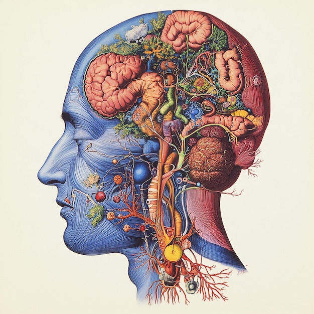 Detailed anatomical illustration of the endocrine glands and hormone pathways