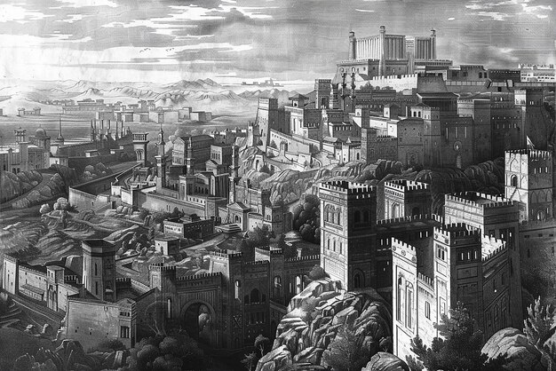 Detailed ancient cityscape engraving captures historical bustling scene intricacies