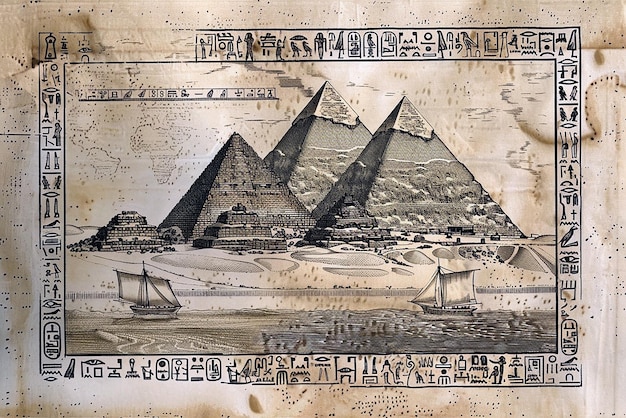 Detailed ancient Egyptian engraving featuring historical pyramids and hieroglyphics