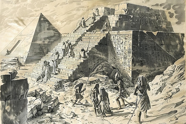 Detailed ancient Egyptian engraving featuring historical pyramids and hieroglyphics