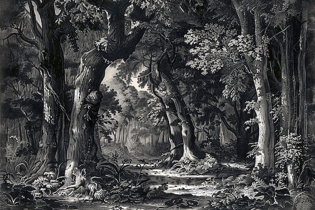 Detailed ancient forest engraving with mystical woodland creatures