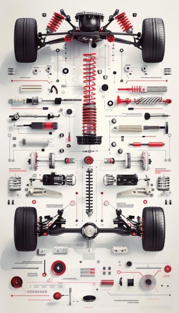 Photo detailed animated infographic of car suspension systems with moving technical parts