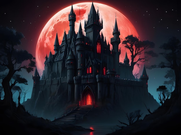 Detailed Anime Gothic Castle in Enchanted Night Generative AI