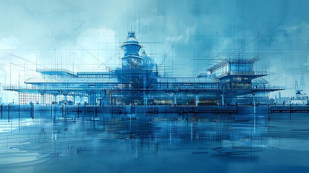 Detailed architectural blueprint coastal ferry terminal featuring dock layout passenger facility