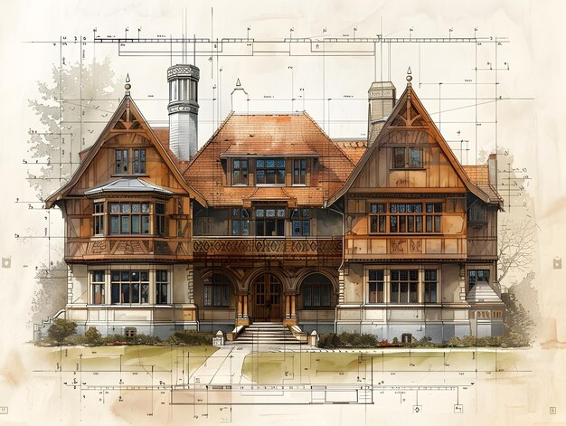 Photo detailed architectural blueprints of a tudor style mansion with modern smart home technology in