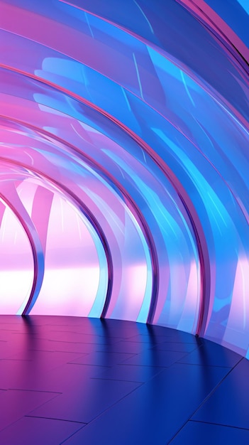 Detailed architecture glass is curved and blue lit wall in the style of light violet and pink