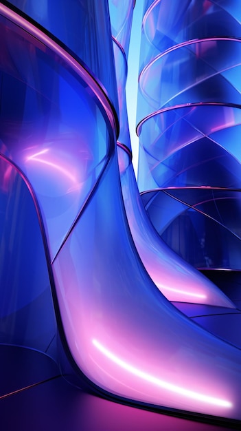 Detailed architecture glass is curved and blue lit wall in the style of light violet and pink