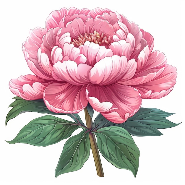 Detailed and artistic illustration of a pink peony flower with vibrant colors and leaves