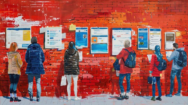 Photo detailed artwork of a red brick wall featuring an ai job expo scene where job