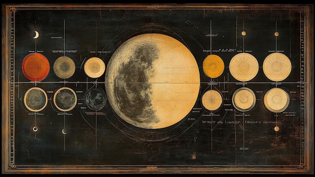 Photo a detailed astronomical chart showcasing the phases of the moon with annotations explaining lunar cycles and eclipses