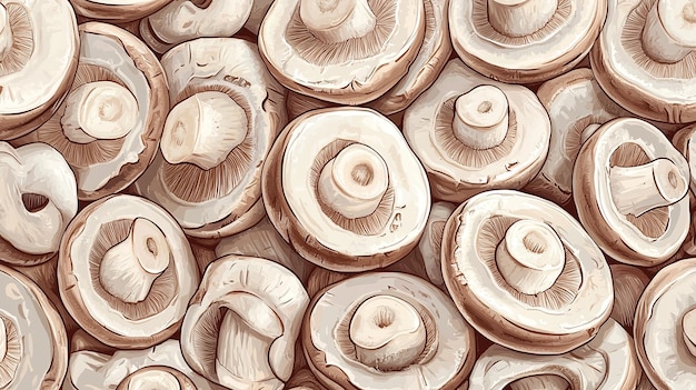 Photo detailed background texture with button mushrooms