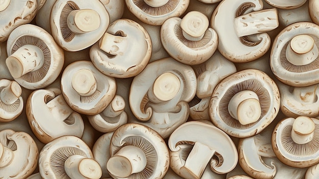 Photo detailed background texture with button mushrooms