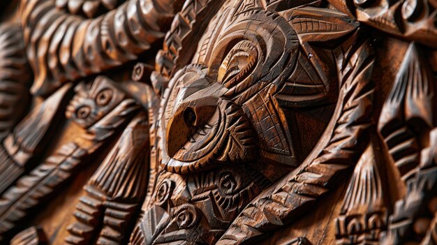 Detailed bird wood carving displayed on wall showcasing ancient art and history