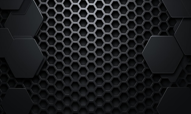 A detailed black and dark gray metallic honeycomb pattern texture with overlapping hexagonal shapes