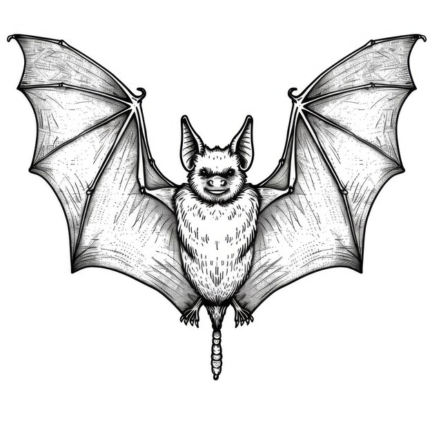 Photo a detailed black and white drawing of a bat with outstretched wings in flight illustrated in ink