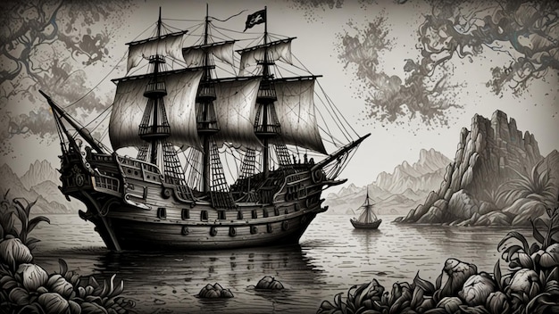 Detailed black and white handdrawn pirate ship and treasure map