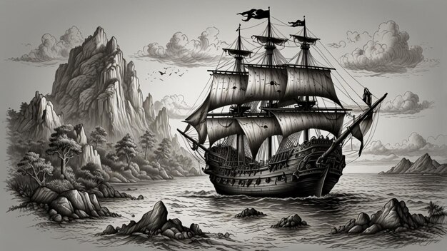 Detailed black and white handdrawn pirate ship and treasure map