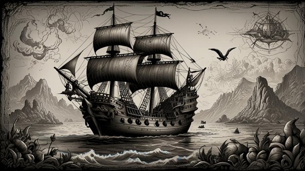 Detailed black and white handdrawn pirate ship and treasure map