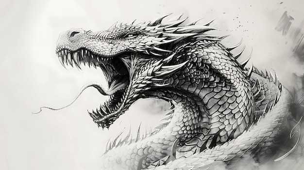 Photo a detailed black and white illustration of a dragons head with an open mouth showcasing its sharp teeth