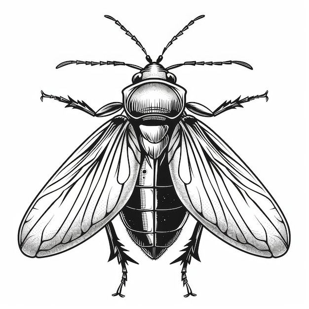 Detailed black and white illustration of a fly showing its anatomical features with precision and artistic style