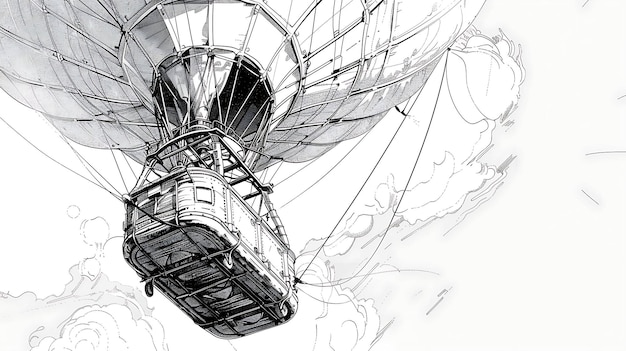 Detailed black and white illustration of a hot air balloon