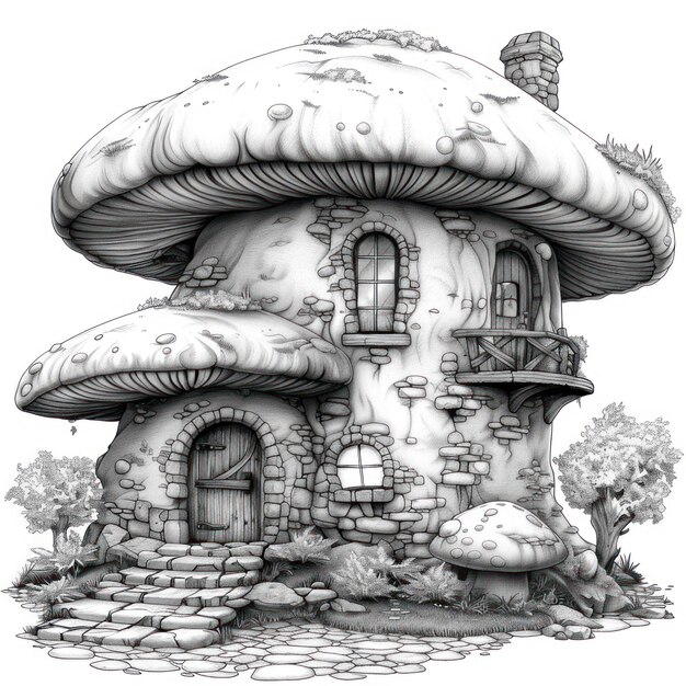 Photo a detailed black and white illustration of a house built into a large mushroom