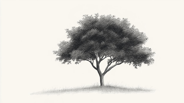 A detailed black and white illustration of a solitary tree with lush foliage on a grassy hill