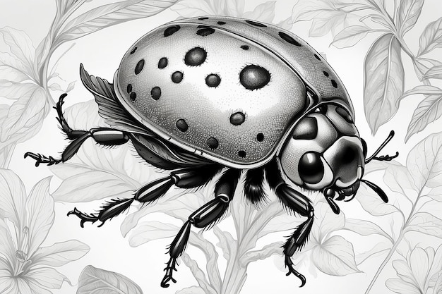 Detailed black and white ladybug illustration