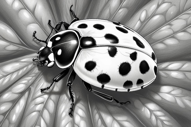 Detailed black and white ladybug illustration