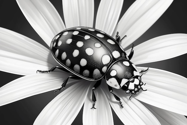 Detailed black and white ladybug illustration