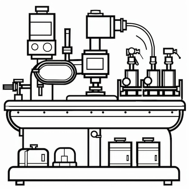 Photo detailed black and white line art illustration of complex industrial machinery with various components and devices