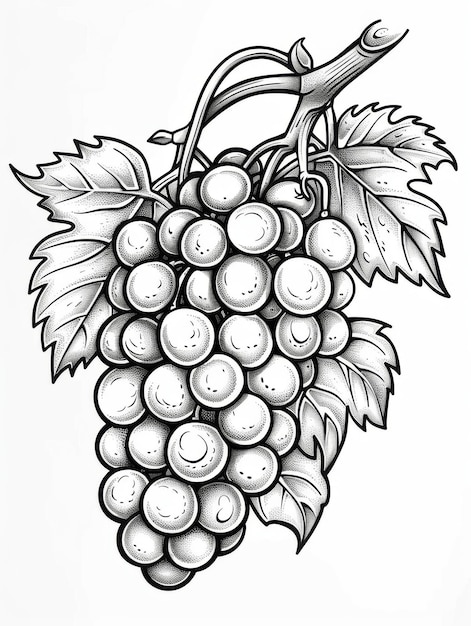 Detailed black and white line drawing of a bunch of grapes with leaves