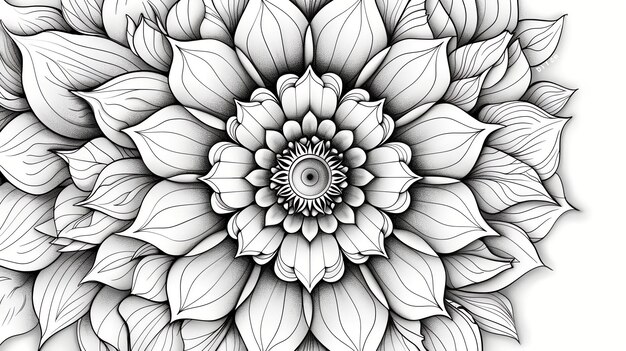 A detailed black and white line drawing of a flower