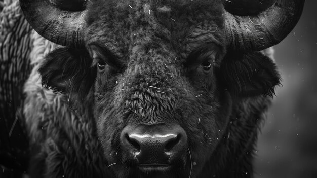 Photo a detailed black and white portrait of a bison in the snow capturing the texture of its fur and the calmness in its eyes