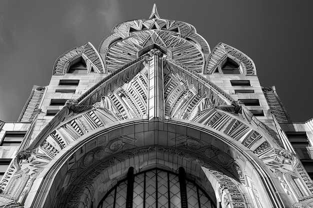 Detailed black and white view of the iconic Chrysler Building showcasing architectural intricacies A closeup of the intricate detailing of the Chrysler Building39s Art Deco design