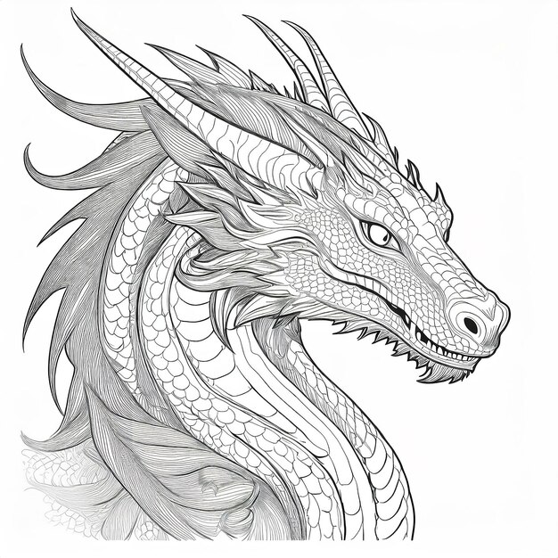 Photo detailed blackandwhite dragon head with prominent horns and piercing eyes