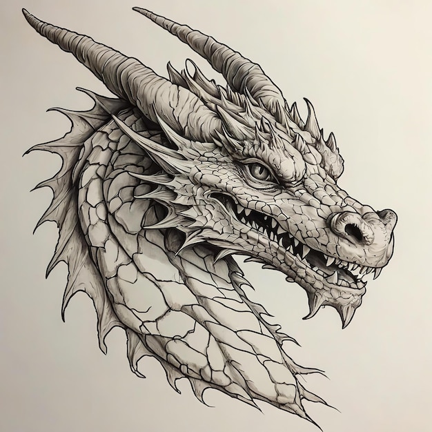 Photo detailed blackandwhite dragon head with prominent horns and piercing eyes