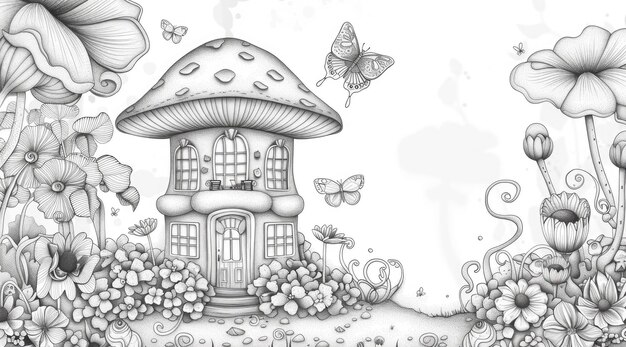 A detailed blackandwhite illustration of a magical mushroom house adorned