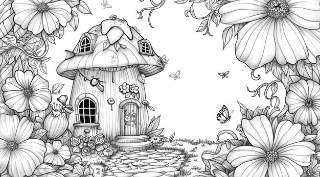 Photo a detailed blackandwhite illustration of a magical mushroom house