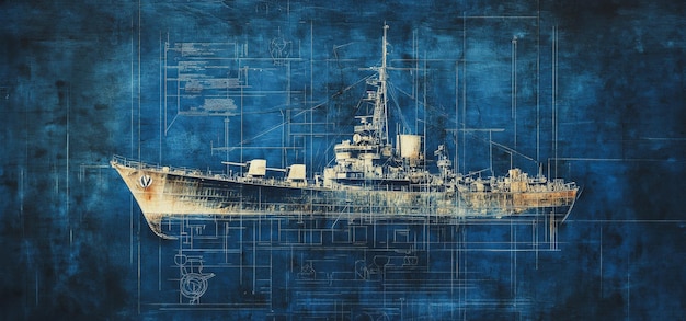 Photo detailed blueprint of a historic warship against a vibrant blue background