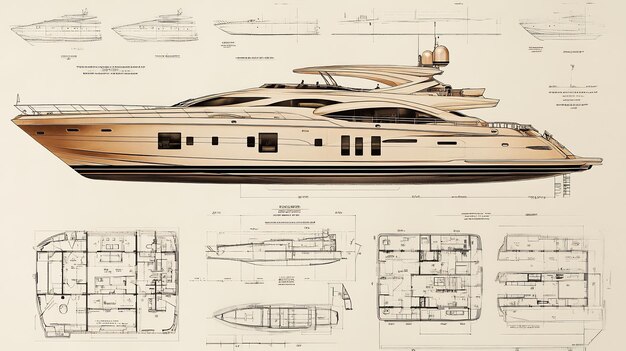 Photo detailed blueprint of luxury yacht with deck layouts and technical specifications