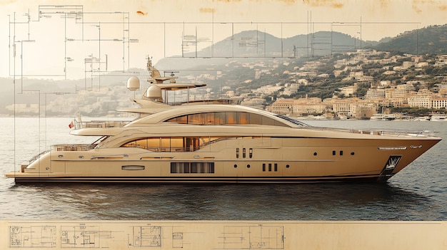 Detailed blueprint of luxury yacht with deck layouts and technical specifications